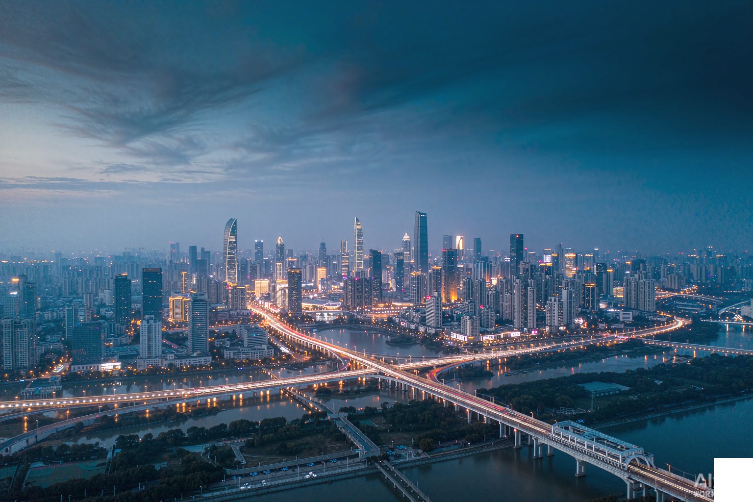 航拍城市夜景的蓝调时刻机位示意